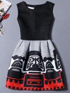 Romwe Aztec Print Jacquard Black A-line Dress