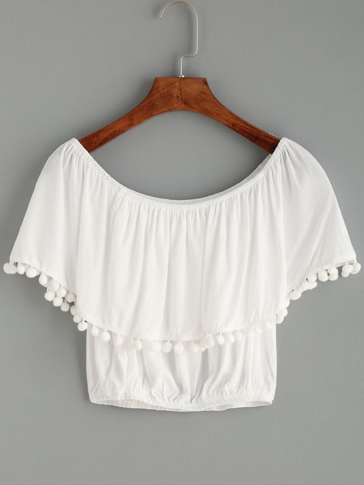Romwe White Pom Pom Trim Ruffle Crop Top