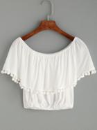 Romwe White Pom Pom Trim Ruffle Crop Top