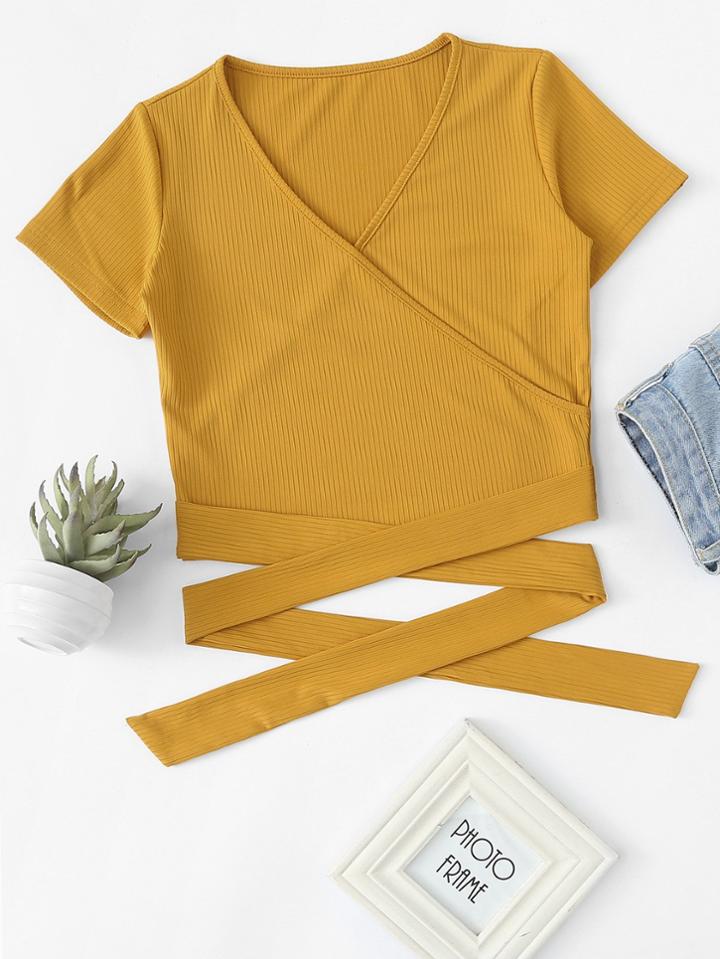 Romwe Cut Out Hem Wrap Ribbed Tee