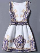 Romwe Multicolor Sleeveless Vintage Print Jacquard Dress