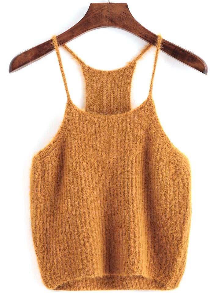 Romwe Khaki Spaghetti Strap Mohair Cami Top