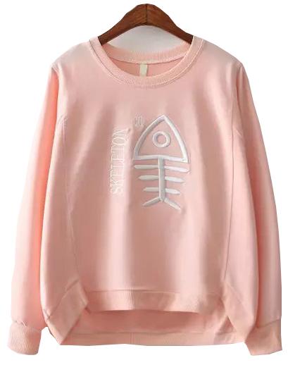 Romwe Fish Bone Embroidered Dip Hem Split Pink Sweatshirt