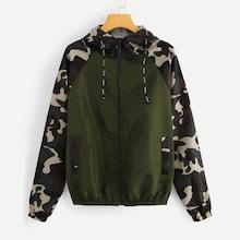 Romwe Contrast Camo Panel Drawstring Hooded Jacket