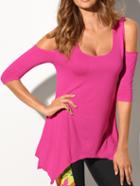 Romwe Open Shoulder 3/4 Sleeve Asymmetric Hot Pink T-shirt