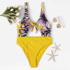 Romwe Random Leaf Print Ribbed Cut-out One Piece Swimsuit