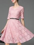 Romwe Pink V Neck Belted Lace Dress
