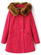 Romwe Red Double Breasted Fur Hooded Coat