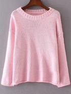 Romwe Pink Drop Shoulder Roll Hem Sweater