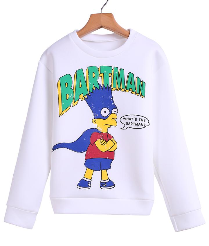 Romwe Simpson Bartman Print White Sweatshirt