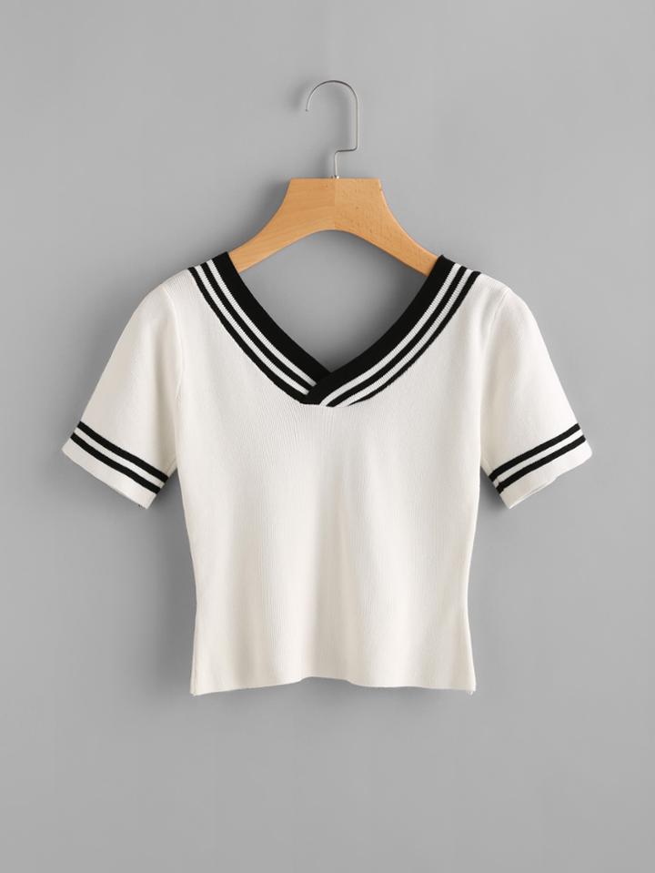 Romwe V Neckline Striped Trim Knit Tee