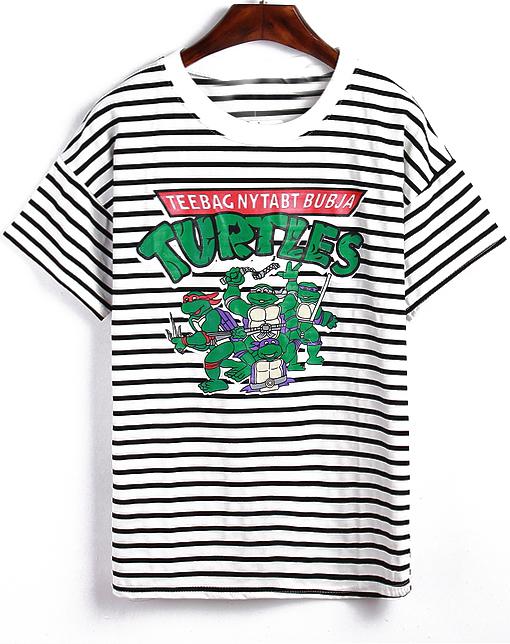 Romwe Teenage Mutant Ninja Turtles Print Striped Grey T-shirt
