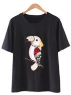 Romwe Black Short Sleeve Diamond Tassel Bird Sequined T-shirt