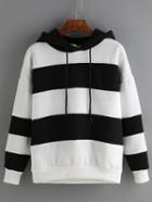 Romwe Hooded Drawstring Striped Loose Sweatshirt