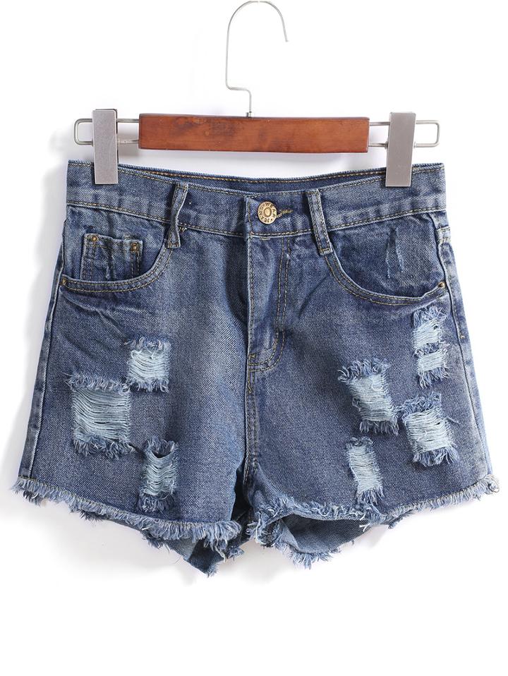 Romwe With Pockets Ripped Fringe Denim Shorts