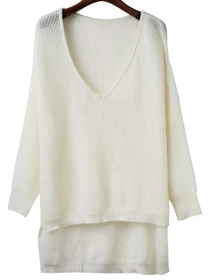 Romwe White V Neck High Low Knitwear