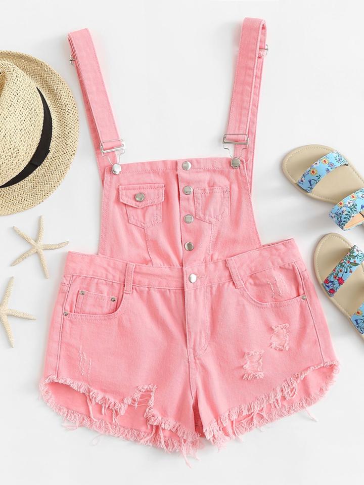 Romwe Ripped Raw Hem Denim Overalls