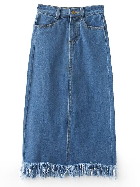 Romwe Blue Split Back Fringe Hem Denim Pencil Skirt