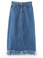 Romwe Blue Split Back Fringe Hem Denim Pencil Skirt
