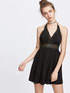 Romwe Halter Hollow Out Lace Crochet Backless Dress