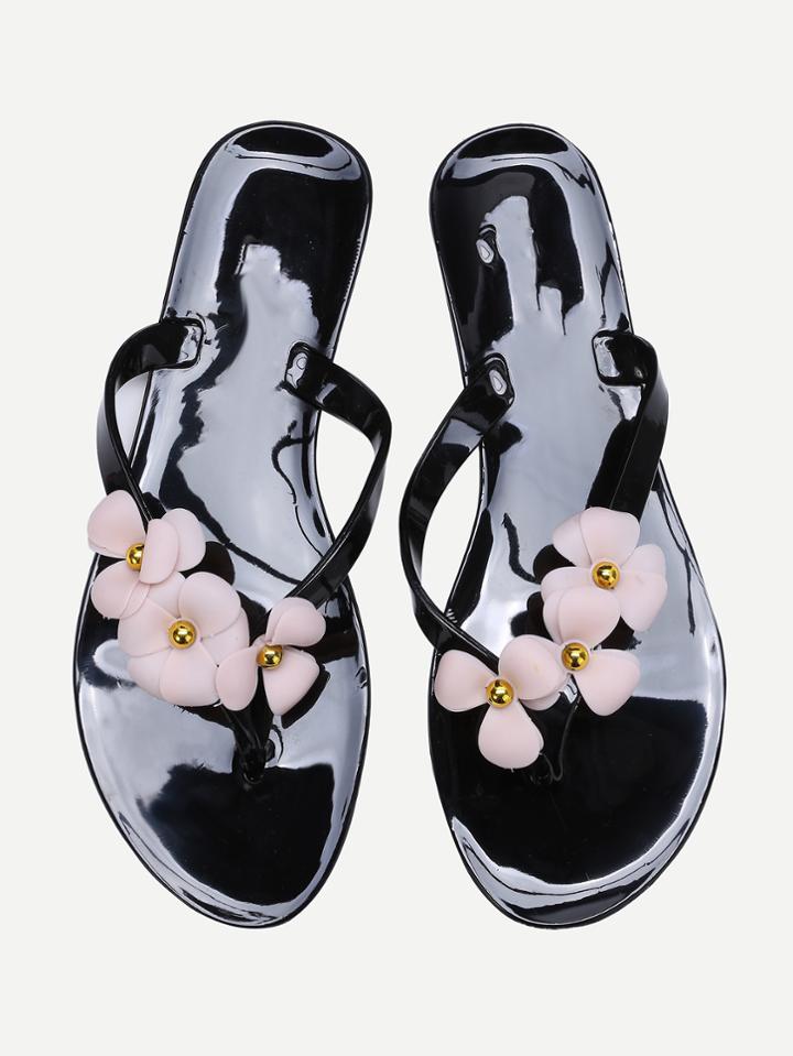 Romwe Black Flower Embellished Flip-flops