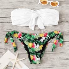 Romwe Knot Front Bandeau With Tropical Tie Side Bikini