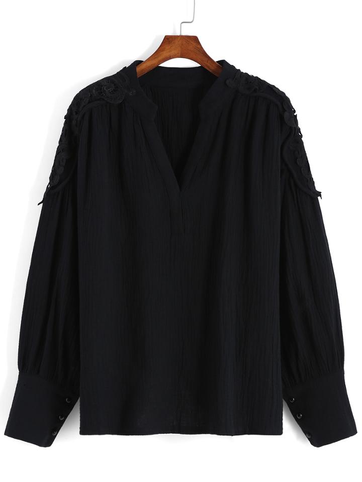 Romwe V Neck Lace Insert Black Blouse