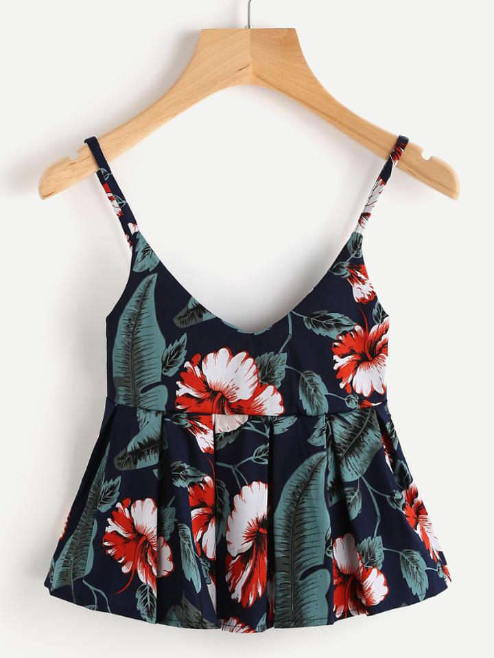 Romwe Floral Print Peplum Cami Top