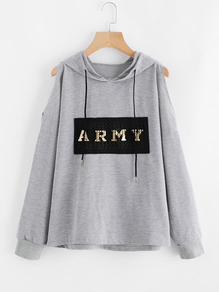 Romwe Cold Shoulder Patch Front Hoodie
