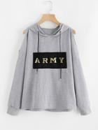 Romwe Cold Shoulder Patch Front Hoodie