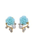 Romwe Blue Rose Shaped Artificial Pearl And Diamond Stud Earrings
