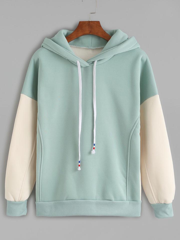 Romwe Green Contrast Sleeve Drawstring Hooded Sweatshirt