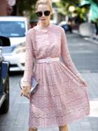 Romwe Pink Round Neck Long Sleeve Drawstring Lace Dress