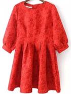 Romwe Round Neck Flower Print Zipper Pleated Red Dress