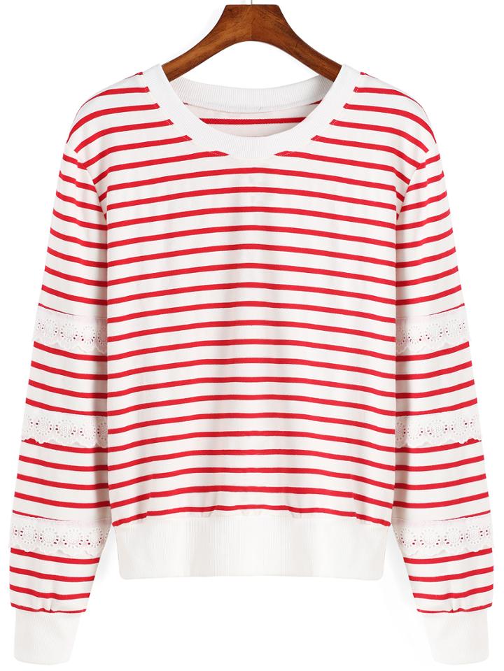 Romwe Round Neck Striped Embroidered Sweatshirt