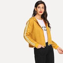 Romwe Suede Tape Detail Drawstring Hem Hooded Jacket
