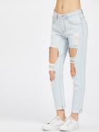 Romwe Light Wash Cuffed Hem Cutout Boyfriend Jeans