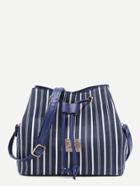 Romwe Blue Vertical Stripe Drawstring Nylon Bucket Bag