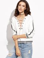 Romwe White Striped Trim Lace Up Hoodie