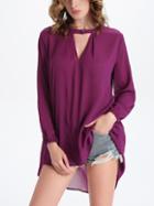 Romwe Purple Cutout Neck High Low Chiffon Blouse