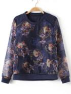 Romwe Retro Print Navy Organza Sweater