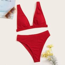 Romwe Ribbed V-plunge Top With High Waist Bikini Set