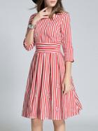 Romwe Red White Striped A-line Dress