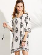 Romwe White Tribal Print Tie Neck Fringe Dress