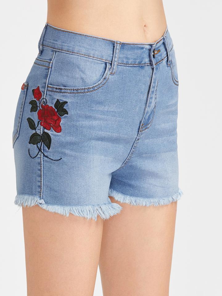 Romwe Embroidered Side Frayed Hem Denim Shorts