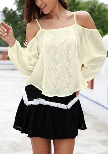Romwe Apricot Spaghetti Strap Lace Loose Chiffon Blouse