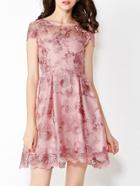 Romwe Pink Round Neck Short Sleeve Contrast Gauze Embroidered Dress