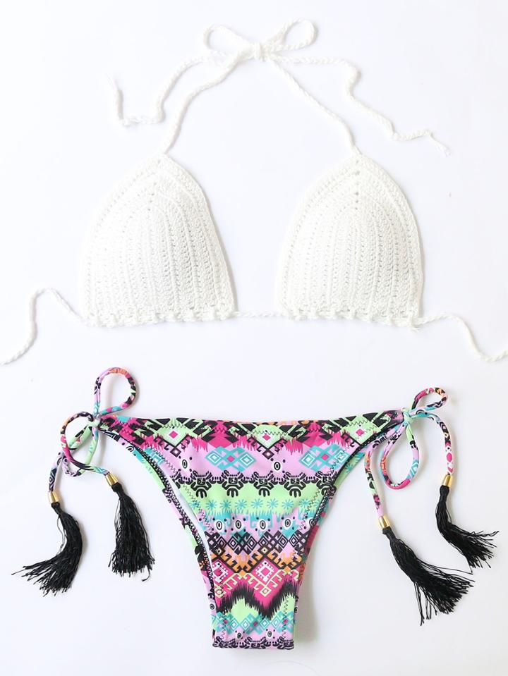 Romwe Printed Crochet Mix & Match Bikini Set With Tassel Tie