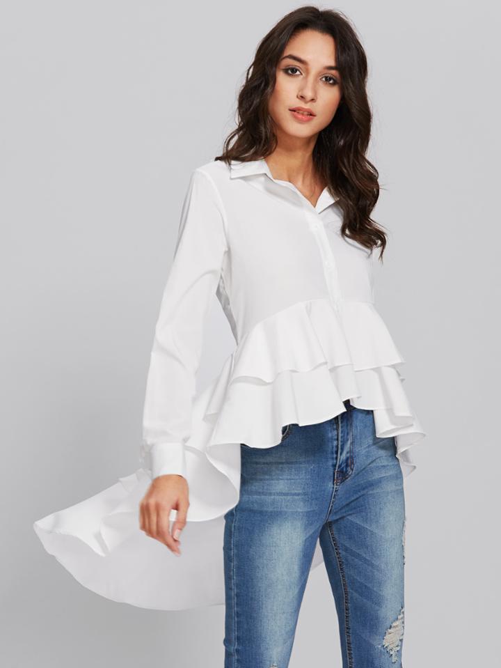 Romwe Dip Hem Frill Layered Shirt