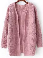 Romwe Long Sleeve Chunky Knit Pockets Pink Cardigan